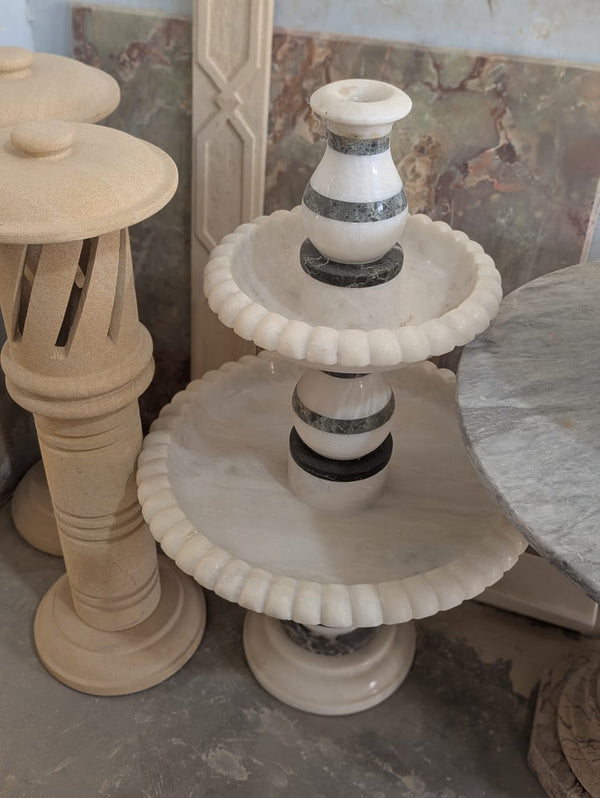 Tier White Marble Fountain with Black Inlay