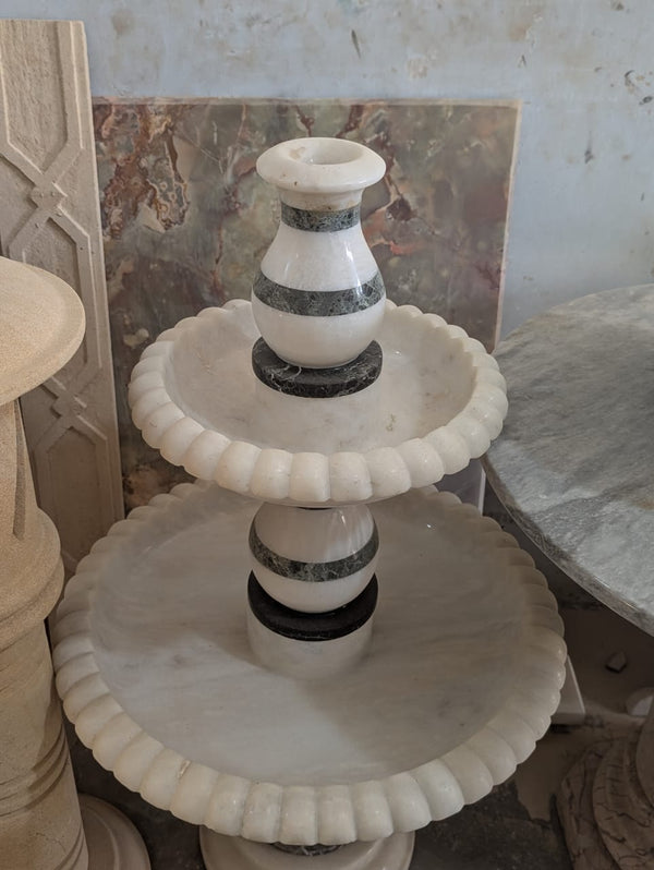 Tier White Marble Fountain with Black Inlay Design